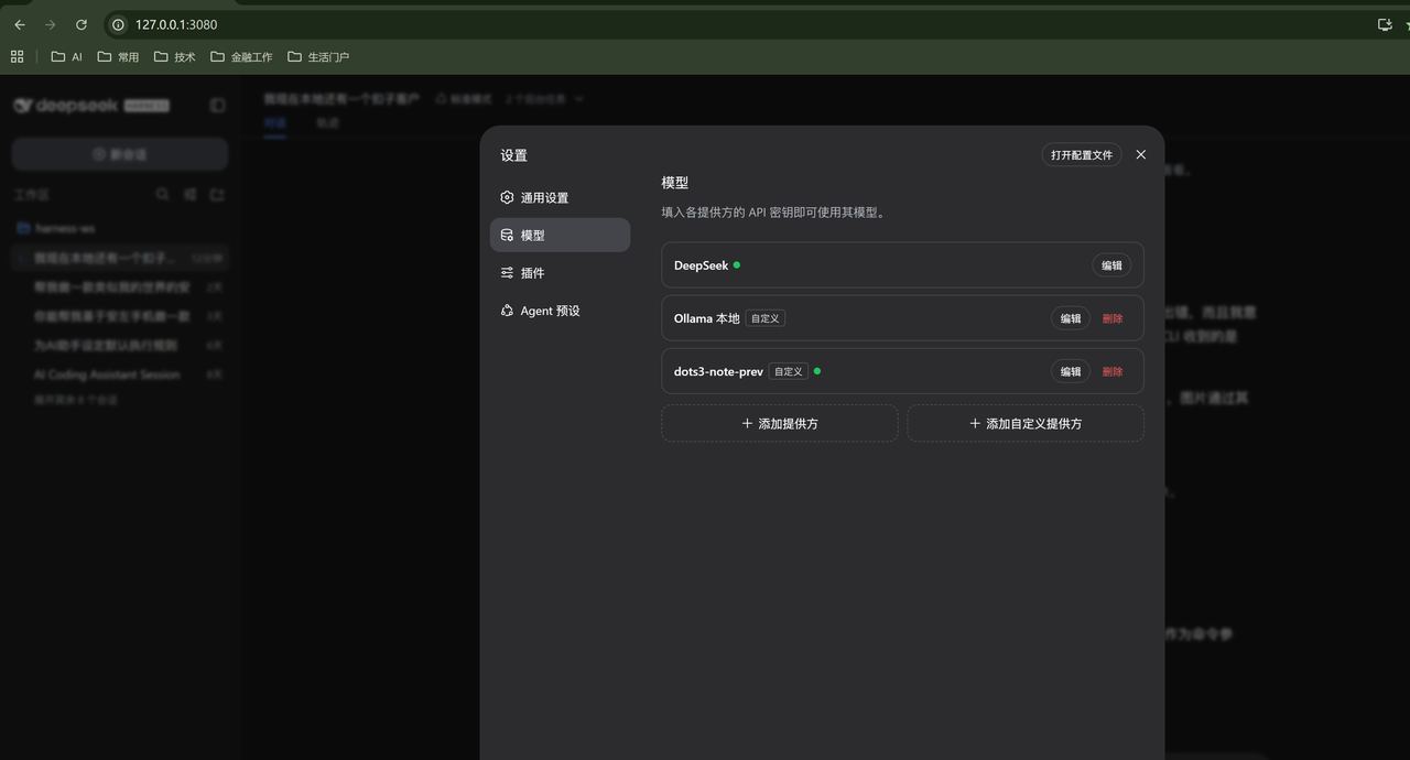 DSH 设置页的模型列表：DeepSeek 官方、Ollama 本地自定义、Dots API 自定义端点